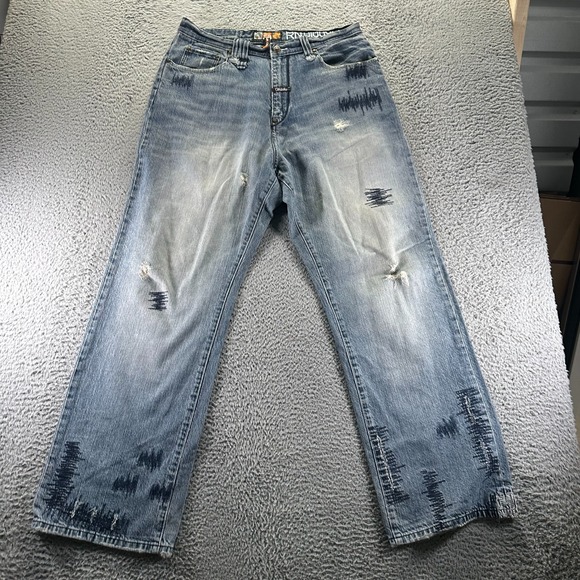 Vintage Akademiks Jeans Mens 36x33 Blue Cotton Denim Straight Baggy Distressed